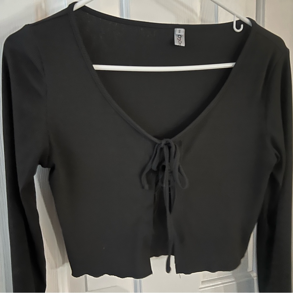 Black Long Sleeve Tie-Front Top